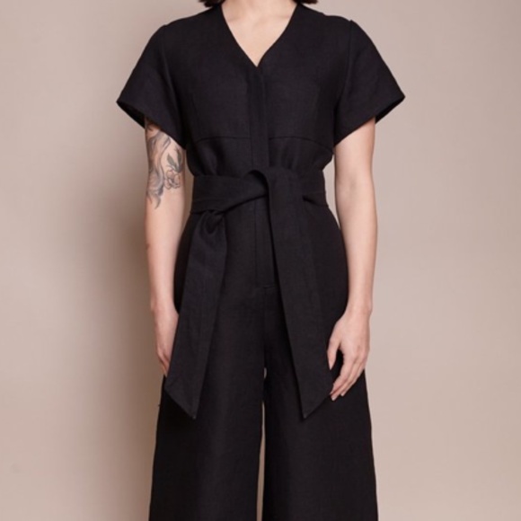 No. 6 Pants - No. 6 Black Miriam V Neck Short sleeve Linen Jumpsuit